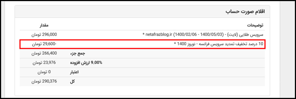 مشاهده صورتحساب تخفیف تمدید هاست در نت افراز